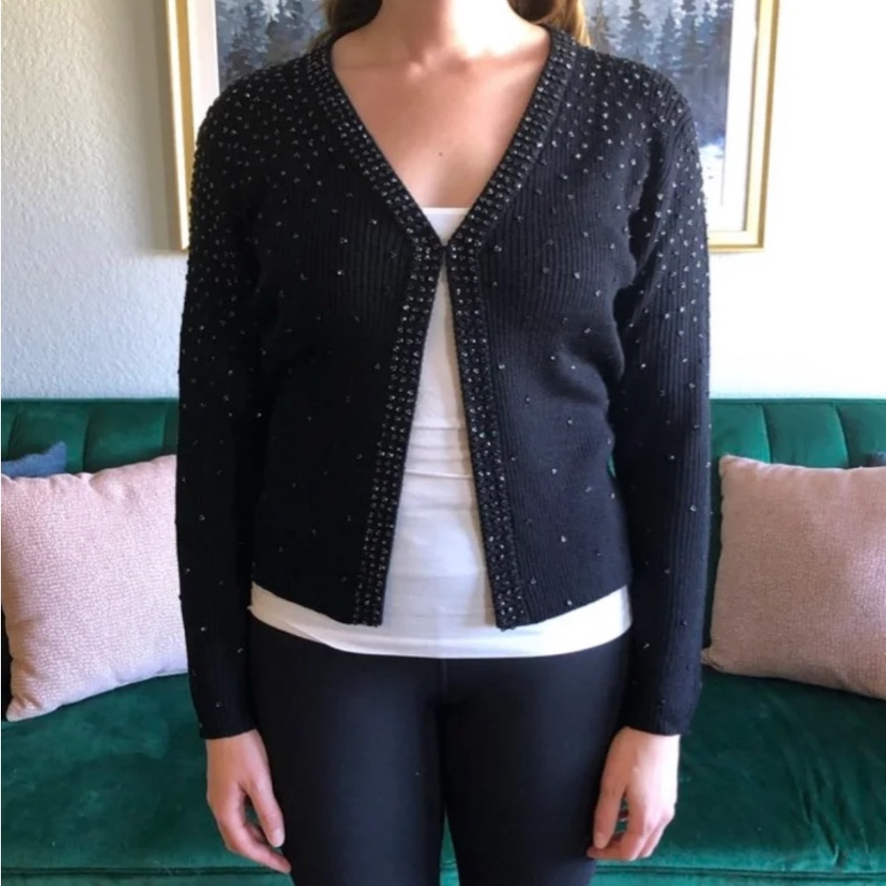 Vintage Stenay Black Beaded Wool Blend Cardigan